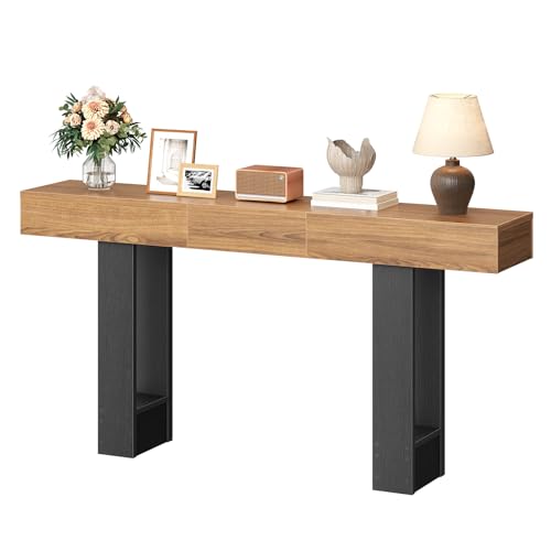 HOOBRO 63 Inch Console Table, Entryway Table with Expandable Tabletop, Long Sofa Table Behind Couch Table for Living Room, Hallway, Foyer, Black and Walnut BH176XG01