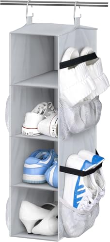 SLEEPING LAMB Short Hanging Shoe Organizer for Closet Storage with Mesh Side Pockets Holds 8 Pairs, Hanging Shoe Rack Hanger RV, Camper, Grey - color: Grey, size: 25''