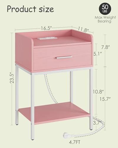 Nightstand with Charging Station,3-Tier Modern Bedside Table Night Stand with Storage Drawer and Open Shelf,Small End Side Table for Bedroom,Living Room,Pink - color: Pink With Charging Station