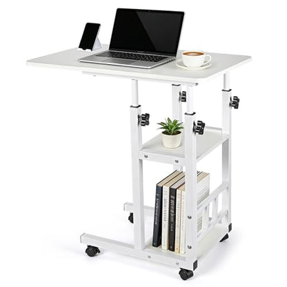 Adjustable C Table,Over Bed Table with Wheels,Rolling Side Table, Over Bed Table with Wheels, Bedside Table, for Sofa Side Small Space, Stable Multi Storage Desk (White) - color: White