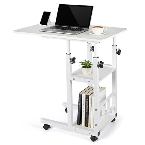 Adjustable C Table,Over Bed Table with Wheels,Rolling Side Table, Over Bed Table with Wheels, Bedside Table, for Sofa Side Small Space, Stable Multi Storage Desk (White) - color: White