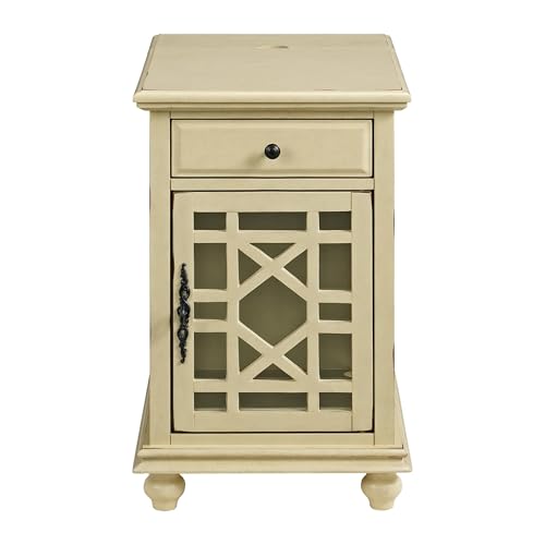 Martin Svensson Home Elegant Chairside End Table with Power — 24″W x 16″D x 25″H, Antique Cream White — Transitional Painted Accent Table with Flip-Top USB Charging, Drawer & Cabinet Storage - color: Antique Cream White