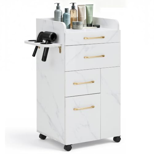 BarberPub Salon Trolley Cart with Lockable Wheels, Hair Styling Utility Rolling Cart for Storage DC2053 (White)
