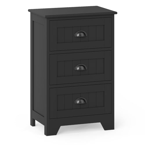 Giantex Nightstand with 3 Drawers, Bedside Table with Exquisite Metal Handles, Accent Table Sofa Side Table with Anti-toppling Device for Bedroom, Study, Black - color: Black