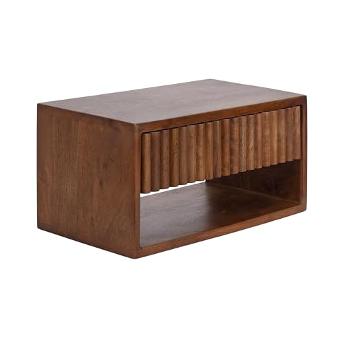 Kate and Laurel Reid Ribbed Wooden Tiered Floating Side Table, 18 x 10 x 9, Walnut Brown, Modern Rectangular Mango Wood Floating Nightstand with Drawer for Bedroom Storage or Living Room End Table - color: Walnut Brown