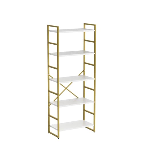 Vongrasig 5 Tier Bookshelf, Modern Tall Bookcase, Industrial Book Shelves Display Standing Shelf, Free Standing Storage Organizer for Bedroom, Living Room, White+Gold - color: White+gold