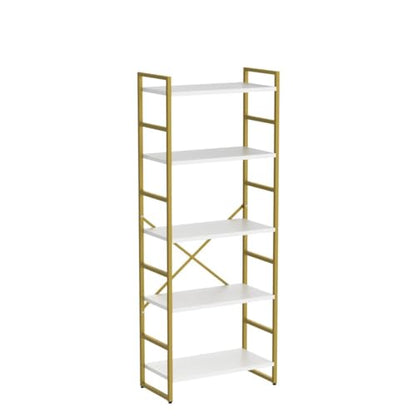 Vongrasig 5 Tier Bookshelf, Modern Tall Bookcase, Industrial Book Shelves Display Standing Shelf, Free Standing Storage Organizer for Bedroom, Living Room, White+Gold - color: White+gold