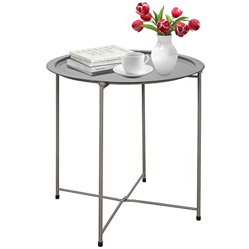 Garden 4 you End Table Metal Side Table Grey Round Folding Tray Cyan Sofa Small Accent Fold-able Table, Round End Table Tray, Next to Sofa Table, Snack Table for Living Room and Bed Room - color: Grey