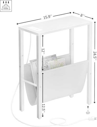 Narrow Side Table with Charging Station, Skinny Nightstand with USB Ports & Outlet, Slim Sofa Side Table with Storage Bag, Small End Table for Small Spaces, Living Room, Bedroom, White - color: White