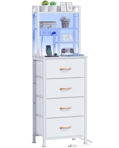 Tall Night Stand, 52.1" LED White Nightstand with Charging Station | LED Lights & USB Ports & type-C, 4 PVC Fabric Drawers and 4-Tier Storage Shelf, Bedside Table for Bedroom, Dorm - color: White, size: 4 Drawer