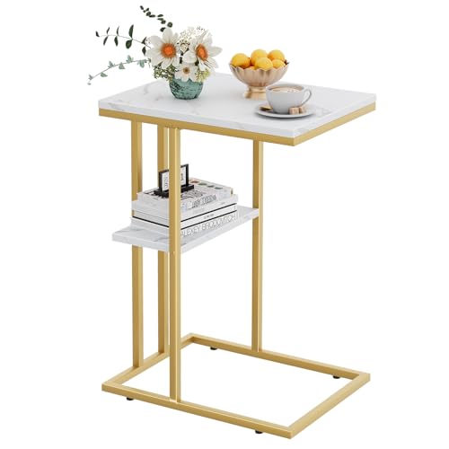 C Shaped End Side Table, Couch Sofa Table for Bed, Gold Snack Table with Metal Frame, TV Tray Table for Small Space, Living Room, Bedroom, Bedside(White Marble) - color: White Marble+gold