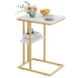 C Shaped End Side Table, Couch Sofa Table for Bed, Gold Snack Table with Metal Frame, TV Tray Table for Small Space, Living Room, Bedroom, Bedside(White Marble) - color: White Marble+gold