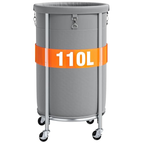 ELYKEN Laundry Basket with Wheels, Round Rolling Laundry Hamper, Gray | 110L, Removable Liner Bag, Heavy-Duty Metal Frame, Locking Casters, Dirty Clothes Hamper for Hotel, Home, Closet, Dorm - color: Gray, size: 110L
