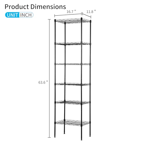 BLKMTY Tall Shelves, 6 Tier Wire Shelving, Narrow Storage Metal Shelf, Standing Shelf Units, Adjustable Garage Shelving, 12" D x 17" W x 64" H, 600lbs Capacity, Commercial Shelves, Black - color: Black, size: 6 Tire: 11.8" D x 16.7" W x 63.6" H