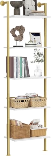 Acovy 5-Tier Bookshelf Solid Wood Ladder Shelf, Narrow Book Shelf Display Shelf, Wooden Bookcase, Wall Mount Ladder Shelf, Storage Rack for Living Room, Bedroom, Bathroom, White and Gold - color: White&gold