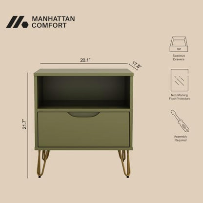 Manhattan Comfort Avira 20 Inch Nightstand with Drawer and Shelf, Mid Century Modern Bedroom Stand with Storage, Compact Side End Table with Metal Legs, Olive Green - color: Olive Green
