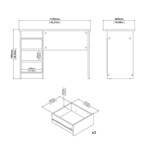 Pemberly Row Writing Desk, 43.31 in H x 19.09 in D x 29.92 in H, Engineered Wood, White Paper Foil Finish, 3 Smooth-Glide Storage Drawers, Open Shelf, Compact Home Office or Dorm Study Desk