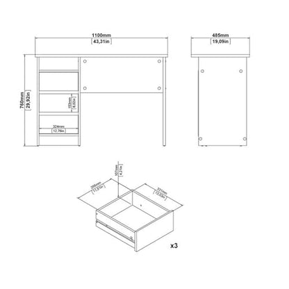 Pemberly Row Writing Desk, 43.31 in H x 19.09 in D x 29.92 in H, Engineered Wood, White Paper Foil Finish, 3 Smooth-Glide Storage Drawers, Open Shelf, Compact Home Office or Dorm Study Desk