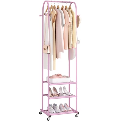 Kaitiemoo Heavy Duty Clothing Rack With Wheels,Modern Garment Rack With 3 Metal Shelves, 71.8Inches Display Rack For Hanging Clothes, Hanging Rod For Small Space,Pink - color: Pink