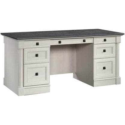 Sauder Palladia Office Desk with Drawers, Executive Desk with File Cabinet Storage, Cable Management, Keyboard Tray, in Glacier Oak Finish - color: Glacier Oak