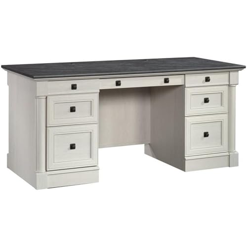 Sauder Palladia Office Desk with Drawers, Executive Desk with File Cabinet Storage, Cable Management, Keyboard Tray, in Glacier Oak Finish - color: Glacier Oak