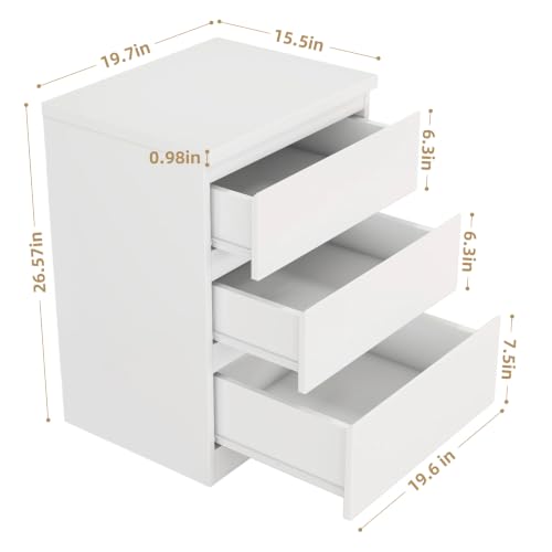 Nightstand with Drawers, Bedside Table with Drawers, Sofa Side Table Storage Cabinet, Night Stand for Bedroom Living Room (1, 3 Drawers White, 19.7" W×15.6" D×26.57" H) - color: 3 Drawers White