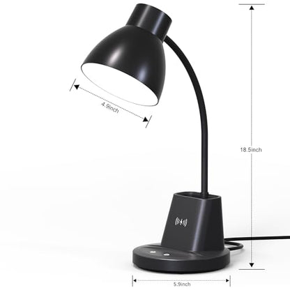 Desk Lamp for Home Office, 10W Wireless Charging, Eye-Caring LED Desk Light, CRI 95+ 3 Color Modes Stepless Dimming Pen Holder, 360° Flexible Arm Desk Lamps for College Dorm, Adapter Included