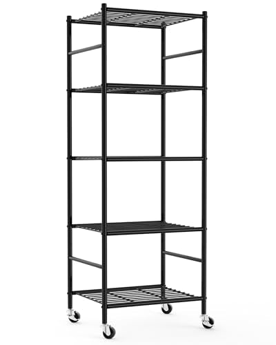 Sakugi Storage Shelves Organizer - 5 Tier Metal Shelf Organizer with Metal Wheels and Adjustable Leveling Feet, Heavy Duty Garage Shelving for Kitchen, Pantry and Closet, 18.1"x12.6"x58.7", Black - color: Black, size: 18.1W x 12.6D x 58.7H(5T)