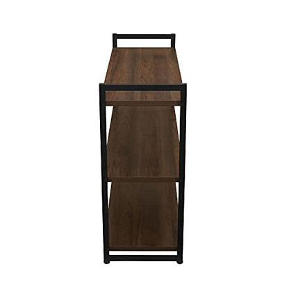 Household Essentials Jamestown Wide 3 Shelf Open Storage Bookshelf Mid Century Walnut Wood Grain and Black Metal - color: Walnut
