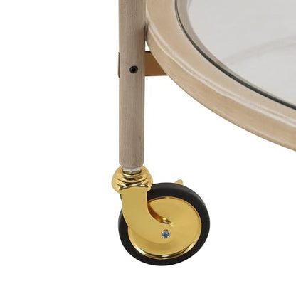 GDFStudio Round Bar Cart with Dual Tempered Glass Shelves, Gold Metal Accents and Lockable Wheels, Distressed White Finish Modern Beverage Trolley for Living Room, Dining Room or Kitchen - color: Ancient White