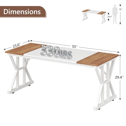 TVU Computer Desk, 55 inch Large Office Desk, Study Writing Table with Thicken Frame, Gaming Desk, Modern Simple Desk for Home Office, Brown/White - color: Brown+white, size: 55inch
