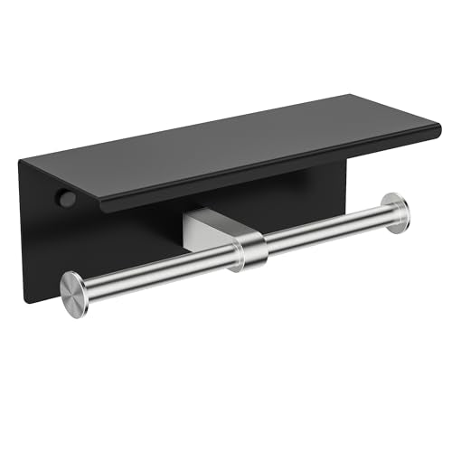 FORIOUS Toilet Paper Holder with Shelf, Commercial Toilet Paper Dispensers | Black & Brushed Nickel | Wall Mount Bathroom Tissue Holder | SUS304 Stainless Steel Rustproof | Double Tissue Roll Holder - color: Matte Black & Stainless Steel