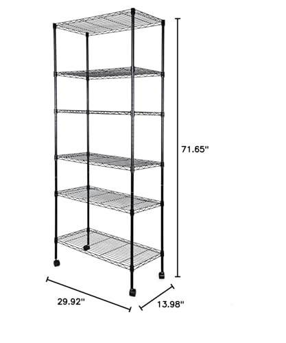 Simple Deluxe 6-Tier Shelving Units, 29.92'' W x 13.98'' D x 71.65'' H Adjustable Wire Shelving with Hanging Hooks and Wheels, Black - color: Black, size: 6-Tier, 30"W x 14"D x 72"H