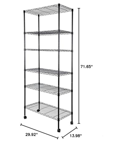 Simple Deluxe 6-Tier Shelving Units, 29.92'' W x 13.98'' D x 71.65'' H Adjustable Wire Shelving with Hanging Hooks and Wheels, Black - color: Black, size: 6-Tier, 30"W x 14"D x 72"H