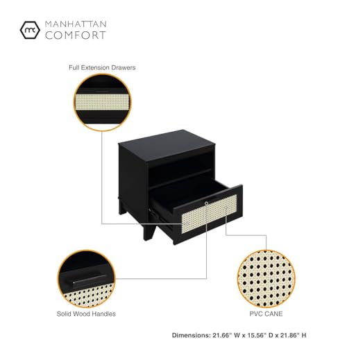 Manhattan Comfort Sheridan Cane Nightstand with Full-Extension Drawer and Open Shelf Cubby, Mid-Century Modern Bedside End Table, Boho Night Stand Accent Table for Bedroom or Living Room in Black - size: Set of 1