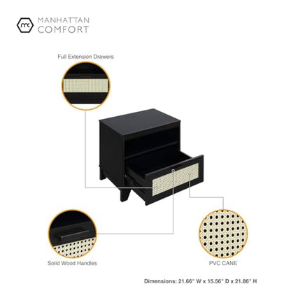 Manhattan Comfort Sheridan Cane Nightstand with Full-Extension Drawer and Open Shelf Cubby, Mid-Century Modern Bedside End Table, Boho Night Stand Accent Table for Bedroom or Living Room in Black - size: Set of 1