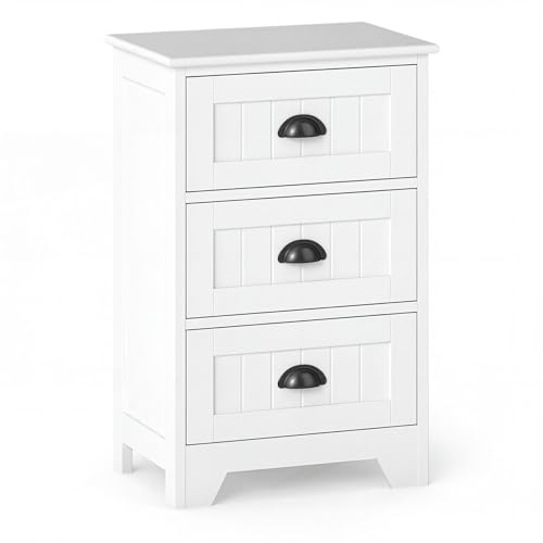 Giantex Nightstand with 3 Drawers, Bedside Table with Exquisite Metal Handles, Accent Table Sofa Side Table with Anti-toppling Device for Bedroom, Study, White - color: White