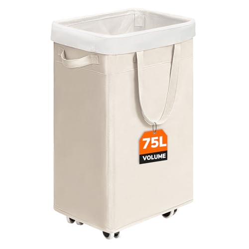 CHICVITA 75L Slim Collapsible Laundry Basket with Wheels & Wash Bag, Ivory | Removable wash bag, slim design for bedroom, laundry room, college dorm. Rolling clothes hamper for dirty laundry - color: Ivory, size: 75L (15.7"L x 11.8"W x 24.8"H)