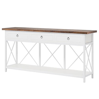 Tribesigns 70.8" Console Table with 3 Drawers, Farmhouse Entryway Table with Storage Shelf, Narrow Long Sofa Foyer Table for Entryway, Hallway (White/Brown) - color: White/Brown