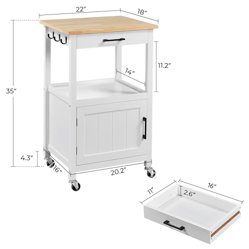 Yaheetech Kitchen Island Cart with Storage, Rolling Kitchen Island on Wheels with 6 Side Hooks, Wood Top Microwave Cart with Drawer for Dining Room, White - color: White