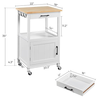 Yaheetech Kitchen Island Cart with Storage, Rolling Kitchen Island on Wheels with 6 Side Hooks, Wood Top Microwave Cart with Drawer for Dining Room, White - color: White
