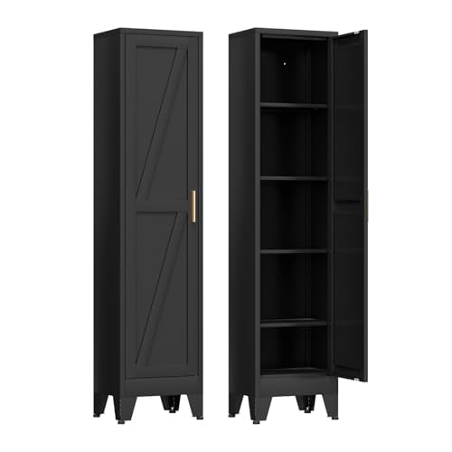 COFaR 67'' Tall Slim Bathroom Storage Cabinet, Metal Narrow Pantry Cabinet with 4 Adjustable Shelves and One Door, Skinny Cabinet Storage for Kitchen Laundry, Black Farmhouse 5 Tiers - color: Black, size: 67 Tall 1 Door
