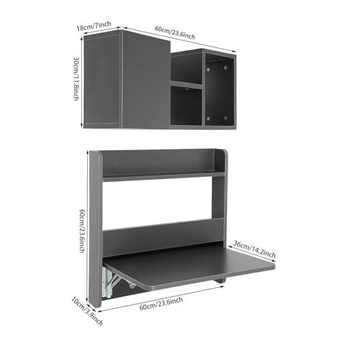 Wall Mounted Bookshelf with Moveable Cabinets, Multifunctional Folding Floating Desk, Fold Down Laptop Table with Storage Shelves for Bedroom Study Room Space Saving Small Space Garage (Grey) - color: Grey