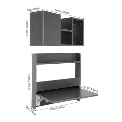 Wall Mounted Bookshelf with Moveable Cabinets, Multifunctional Folding Floating Desk, Fold Down Laptop Table with Storage Shelves for Bedroom Study Room Space Saving Small Space Garage (Grey) - color: Grey
