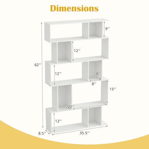 GOFLAME 5-Tier Geometric Bookshelf, 62” Tall Bookcase with 10 Open Back & Closed Back Cubes, Modern Display Book Shelf, S-Shaped Storage Organizer for Living Room, Home Office (1,White) - color: White