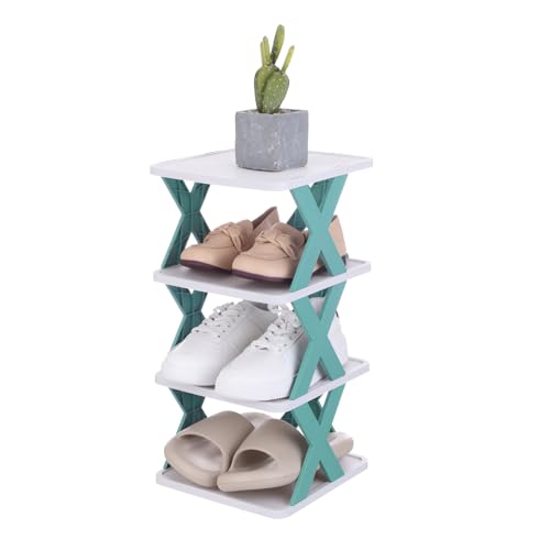 uxcell 4-Tier Plastic Shoe Rack, Vertical Shoe Rack Stackable Storage Organizer Folding Space-Saving Narrow Slot Shelf for Closet Livingroom Entryway Garage, Blue/White - color: Blue/White, size: 10.2x9.4x19.5 Inch