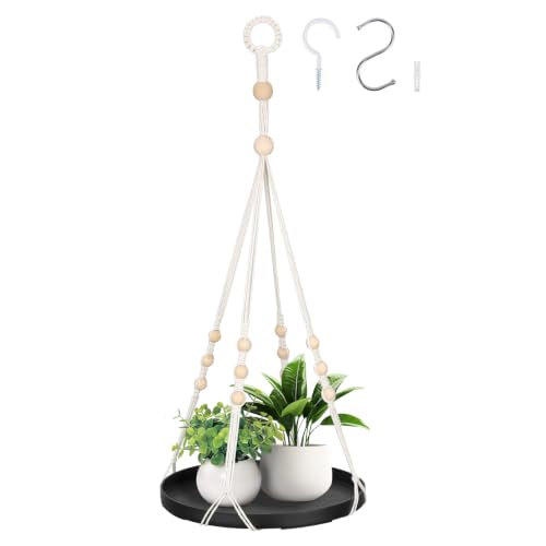 GREANER Macrame Plant Shelf Hangers, 1 Pack Large Hanging Baskets with Handmade Cord, Hanging Plant Holders for Home Garden Balcony Decor(Black) - color: Black