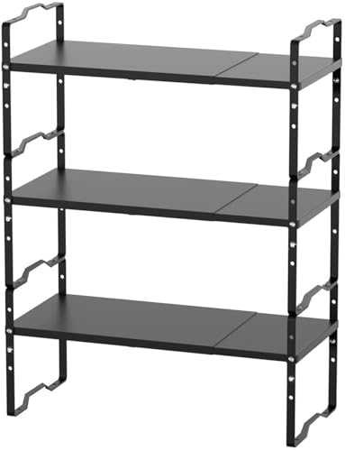 Jojocross Expandable Shelf for Cabinet Organizer Adjustable and Stackable Spice Rack at Kitchen and Bathroom More, Counter Countertop Cupboard Organization Pantry Storage(LARGE/3PACKS/BLACK) - color: Black, size: LARGE/3PACKS/BLACK