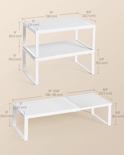 SONGMICS Spice Racks, Set of 2 Expandable Kitchen Countertop Shelves, Small Cupboard Organizers, Metal, Space-Saving Tabletop Shelves, Matte White UKCS402W01 - color: Matte White, size: Set of 2