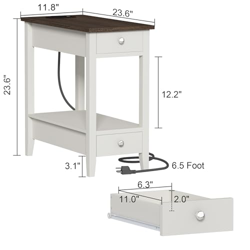 Treocho End Tables Living Room Set of 2 with Charging Station and 2 Drawers | Narrow Side Table with Ample Storage, Sofa Bedside Table for Small Spaces, Living Room, Bedroom, White & Brown - color: Brown/White